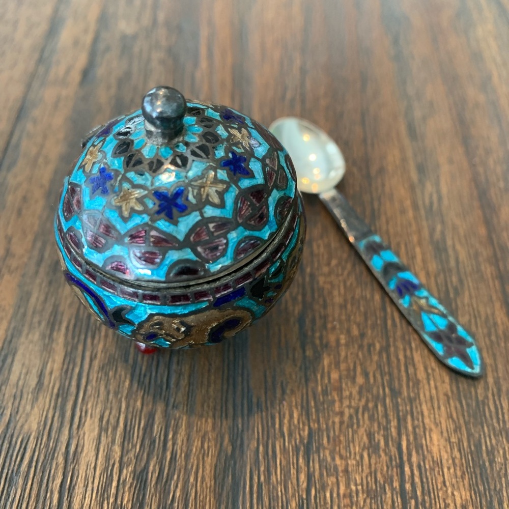 Antique enameled silver container with spoon